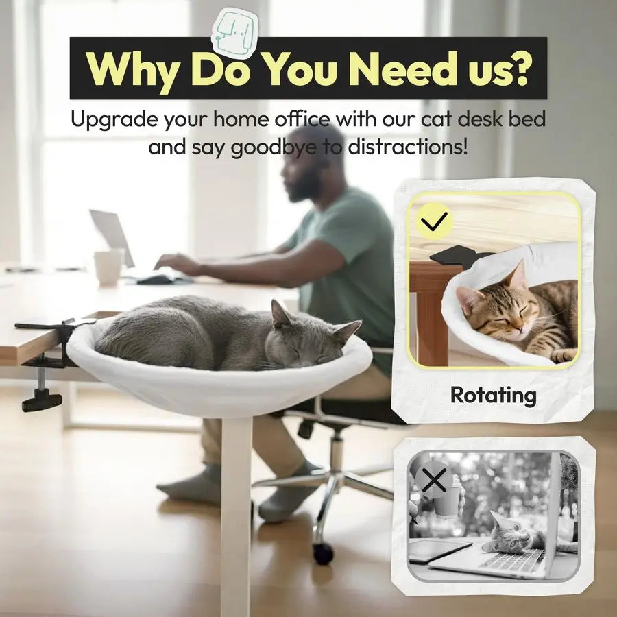 Cat Desk Bed, Sunken Design Cat Hammock, Supports Up to 50 lbs, Sturdy Metal Frame with Secure Clamp, Removable Faux Rabbit Plus