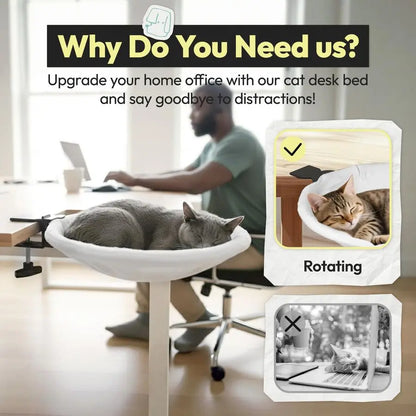 Cat Desk Bed, Sunken Design Cat Hammock, Supports Up to 50 lbs, Sturdy Metal Frame with Secure Clamp, Removable Faux Rabbit Plus