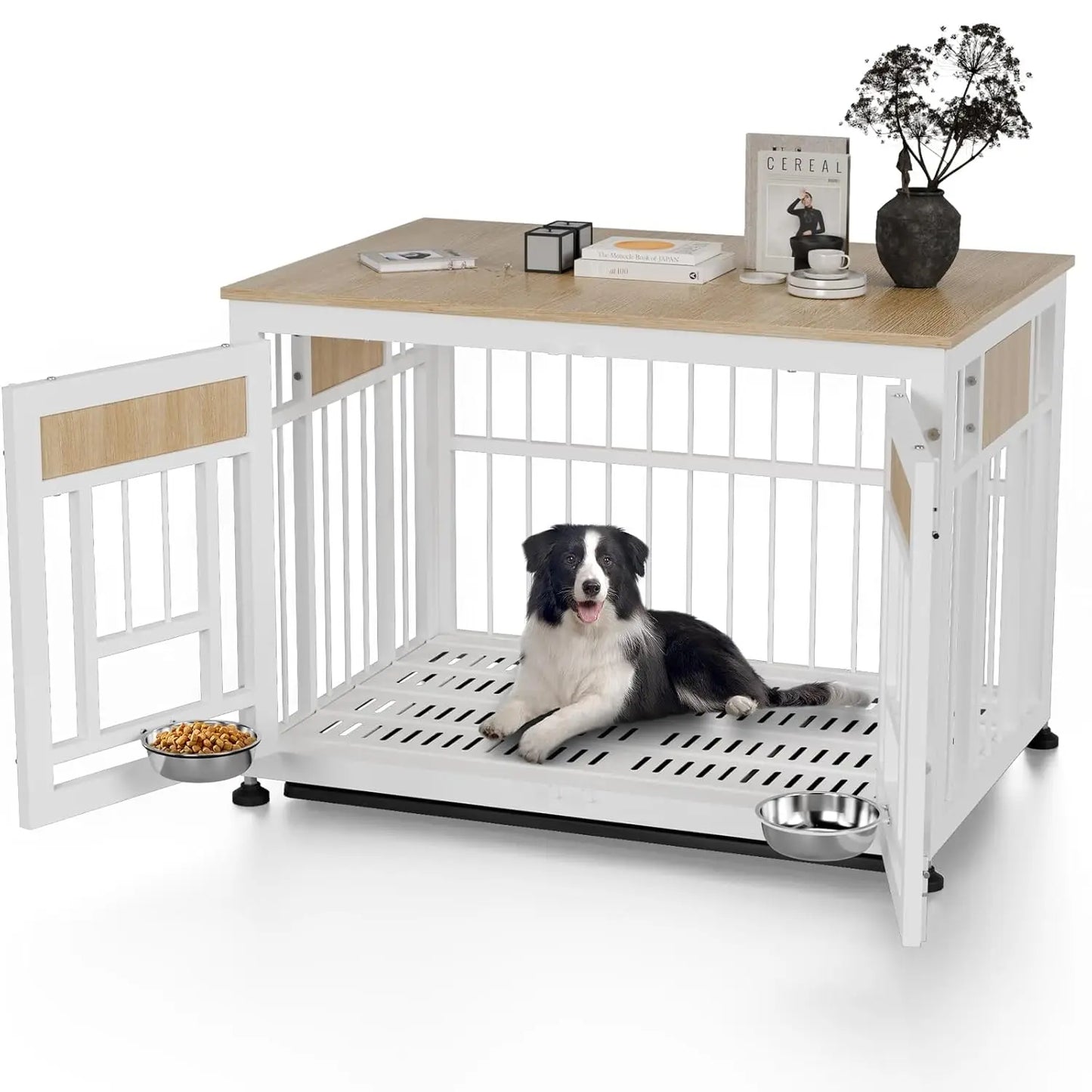 Dog Crate Furniture End Table, 38 Inch Hidden Kennel Cabinet with Removable Tray, Thickened Metal Frame Dog Cage,