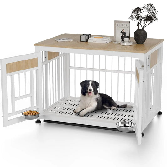 Dog Crate Furniture End Table, 38 Inch Hidden Kennel Cabinet with Removable Tray, Thickened Metal Frame Dog Cage,