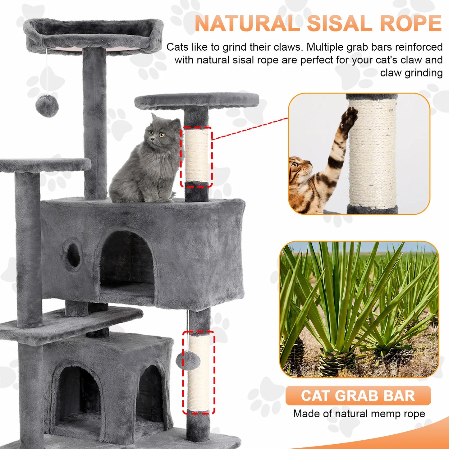 54/70 Inch Cat Tower Condo with Sisal-Covered Scratching Posts Dangling Balls