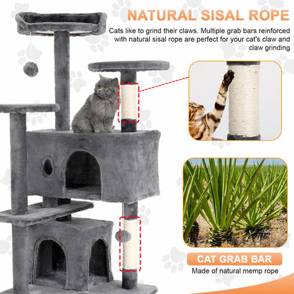 54/70 Inch Cat Tower Condo with Sisal-Covered Scratching Posts Dangling Balls