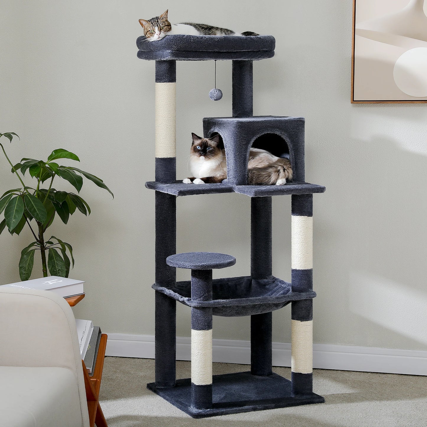 4-Level Cat Tower for Large Cats with Large Hammock Sisal Covered Scratching Posts Cozy Condo Top Perch