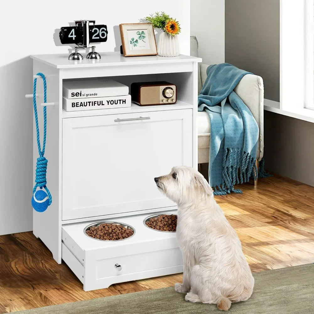 Pet Feeder Station, Dog Food Storage Container with Double Pull Out Dog Bowls, Pet Food Toy Cabinet,