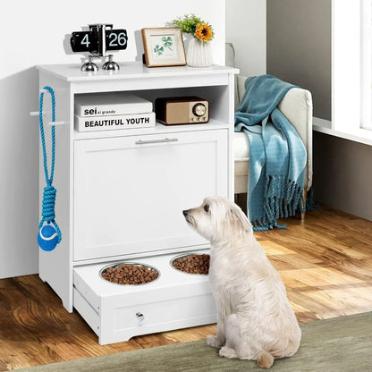 Pet Feeder Station, Dog Food Storage Container with Double Pull Out Dog Bowls, Pet Food Toy Cabinet,