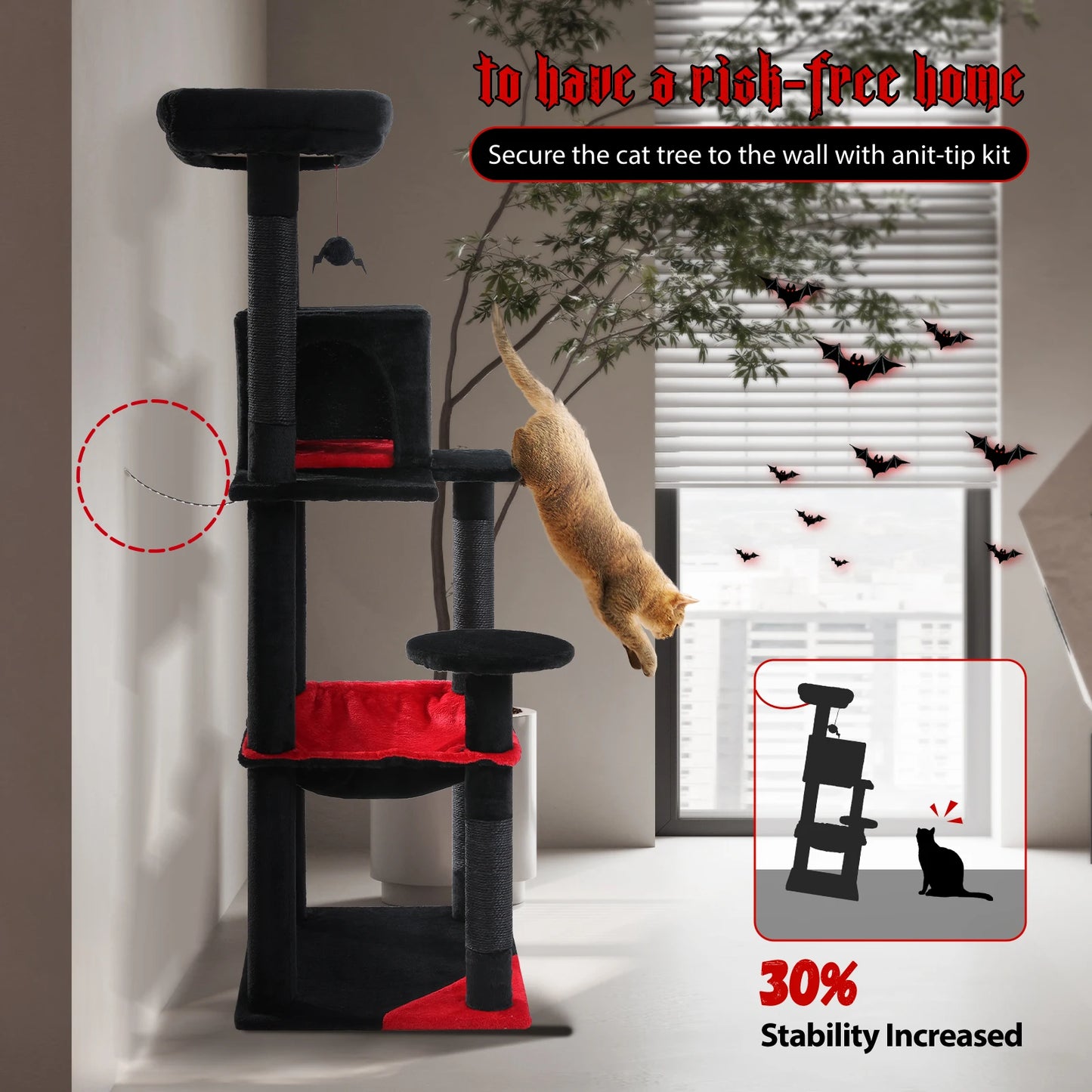 4-Level Cat Tower for Large Cats with Large Hammock Sisal Covered Scratching Posts Cozy Condo Top Perch