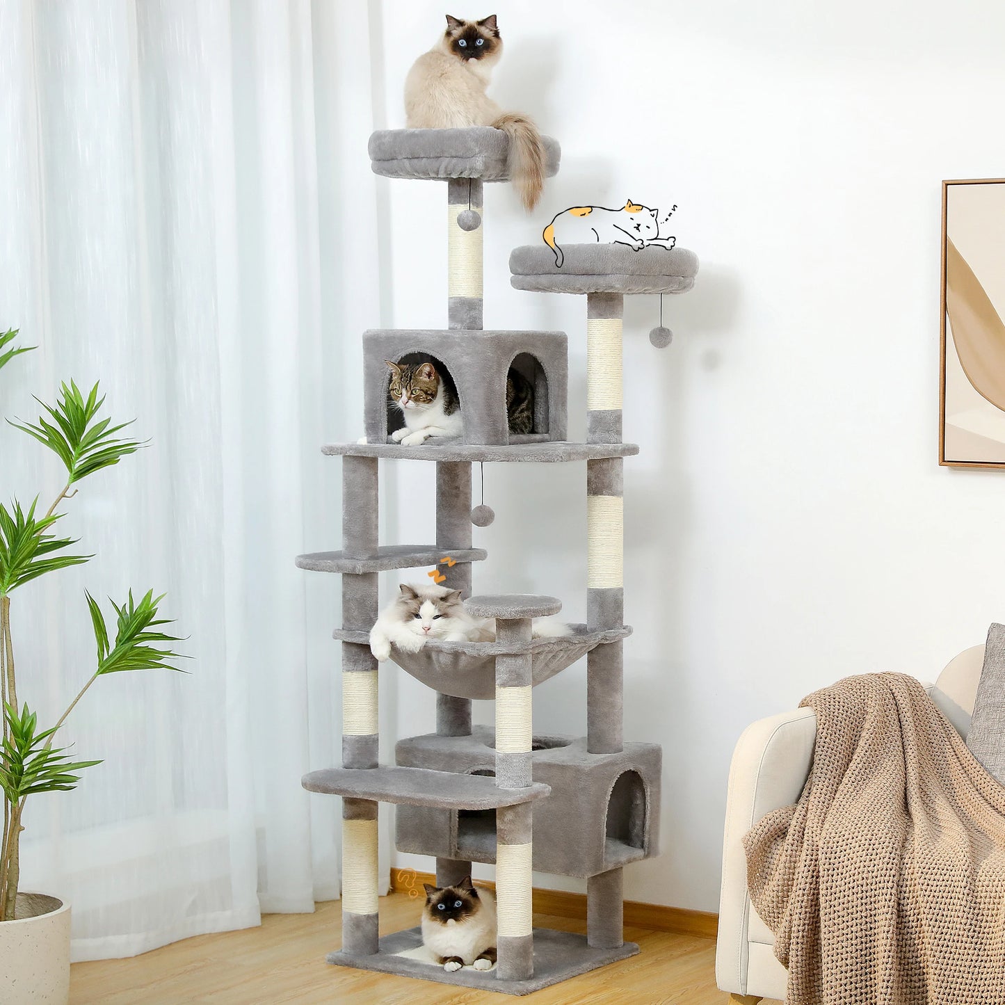 Large Cat Towers 3 Sizes for Indoor Cats With Sisal-Covered Scratching Posts Spacious Hammock, Padded Perches, and Condos