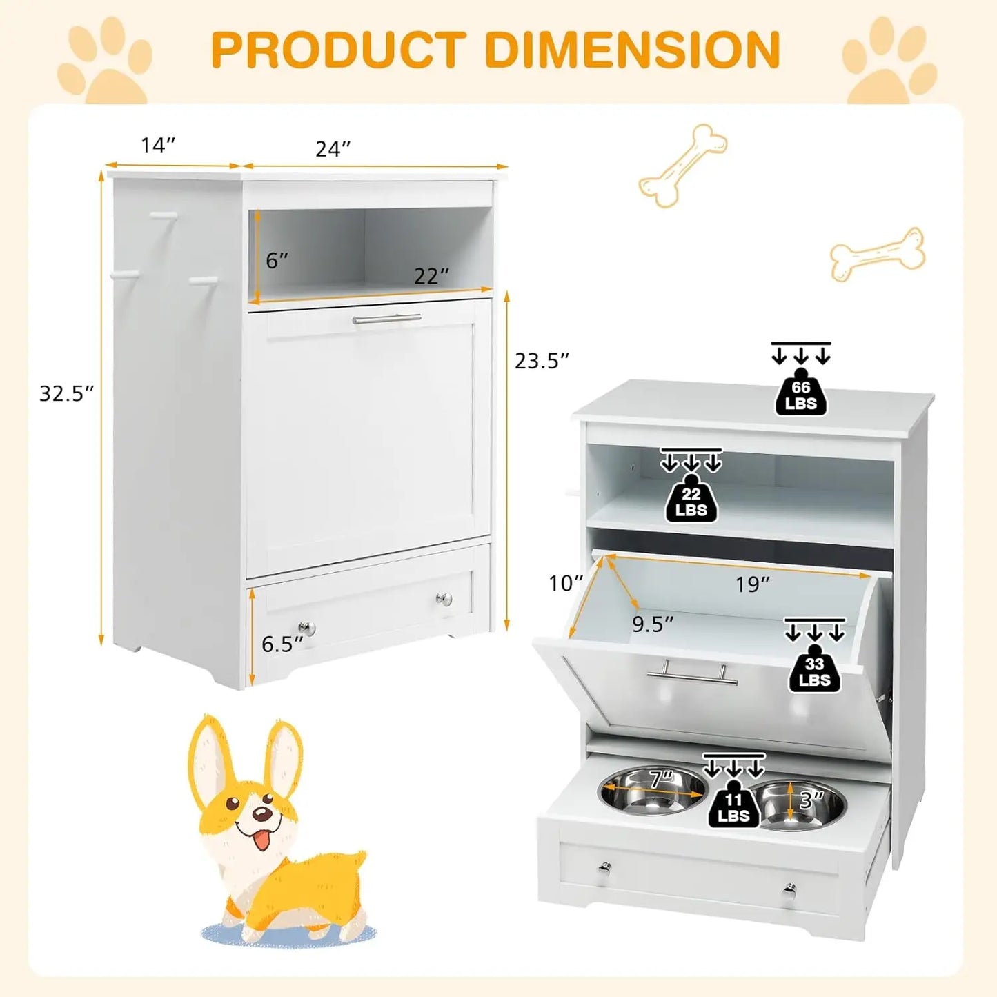 Pet Feeder Station, Dog Food Storage Container with Double Pull Out Dog Bowls, Pet Food Toy Cabinet,