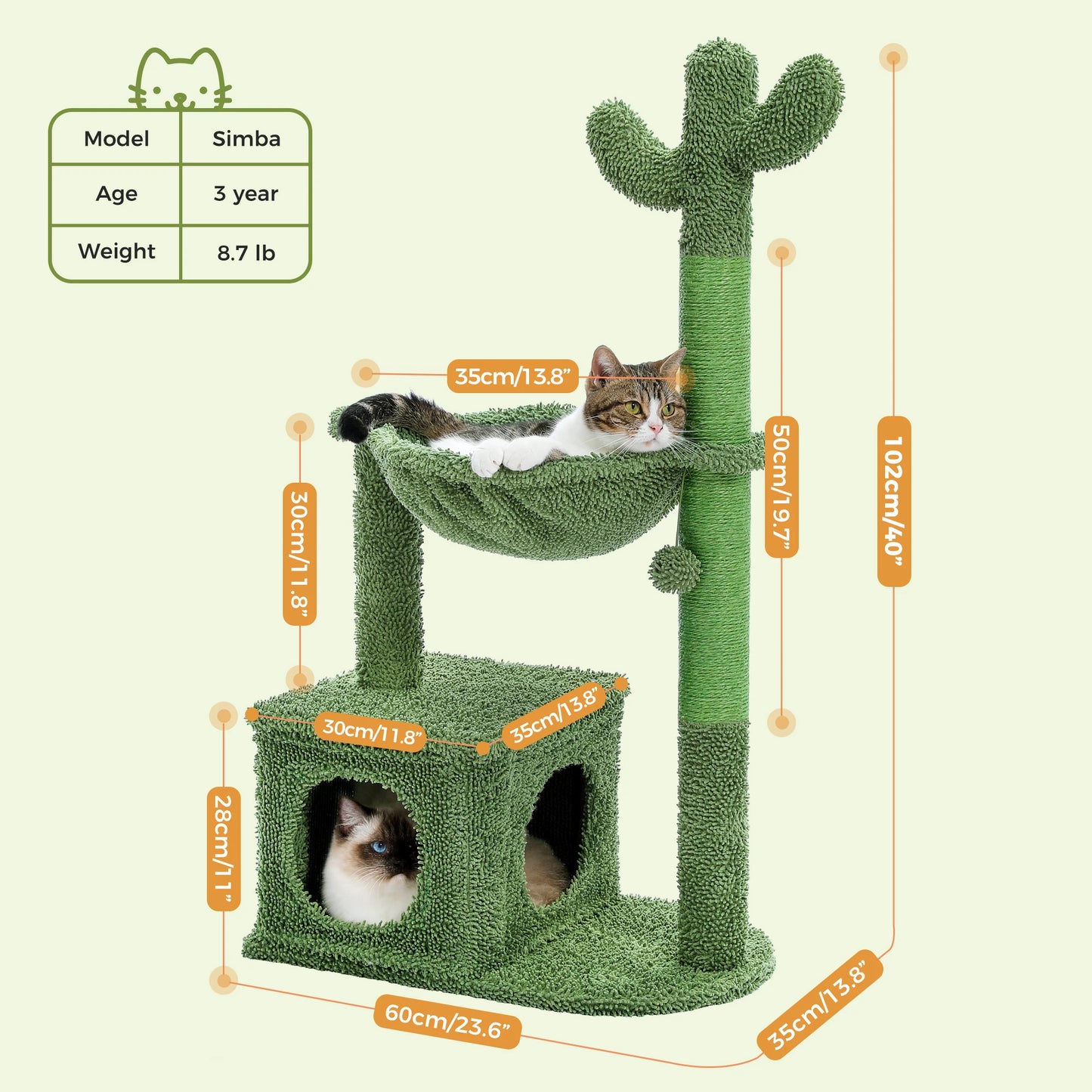 Cactus Cat Tree with Large Condo, Hammock, Dangling Ball, Small Cat Tower, Cat Scratching Post for Indoors