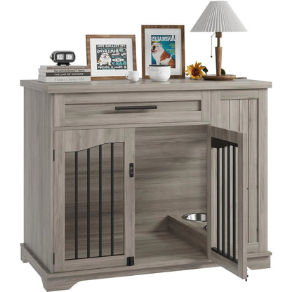 44 Inch Furniture Style Dog Crate Heavy Duty Wooden Dog Kennel With Drawer Side Storage & Built-in Feeding Station For Pets
