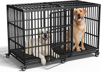 54" / 64" inch Heavy Duty Indestructible Dog Crate, Escape Proof Dog Cage Kennel with Lockable Wheels, High Anxiety Double Door
