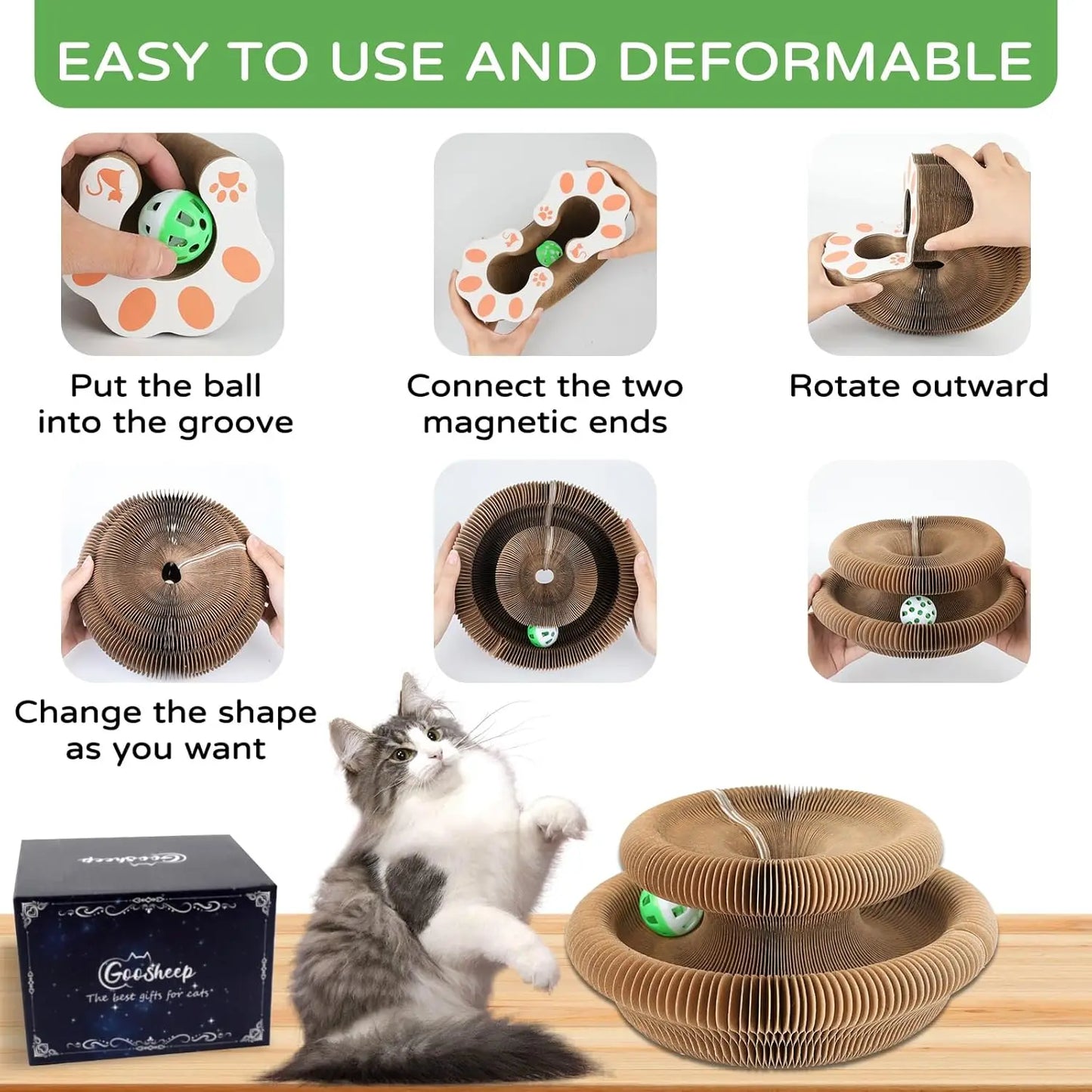 Foldable Cardboard Interactive Accordion Cat Scratcher Toy with Ball
