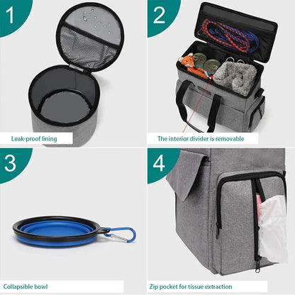 Pet Travel Bag Backpack Organizer for Week Away/Overnight, w/ 2 Food Bags 1 Waterproof Placemat 2 Foldable Bowls