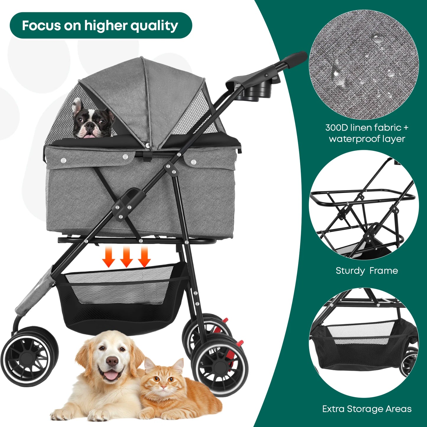 Foldable & Portable Dog Stroller 3 Wheels for Small Medium Dogs / Cats