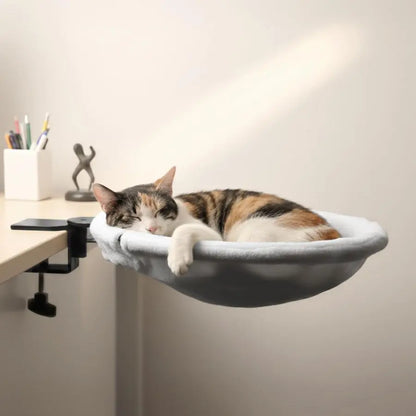 Cat Desk Bed, Sunken Design Cat Hammock, Supports Up to 50 lbs, Sturdy Metal Frame with Secure Clamp, Removable Faux Rabbit Plus