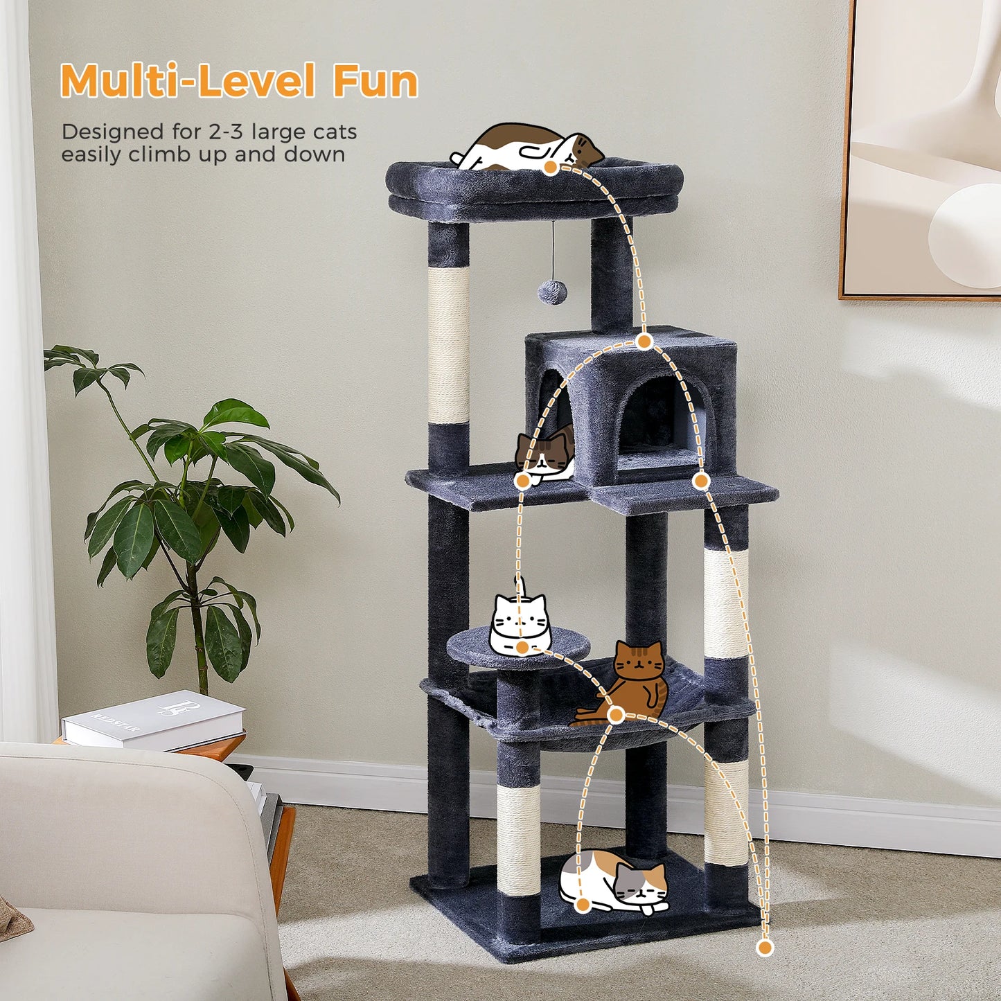 4-Level Cat Tower for Large Cats with Large Hammock Sisal Covered Scratching Posts Cozy Condo Top Perch