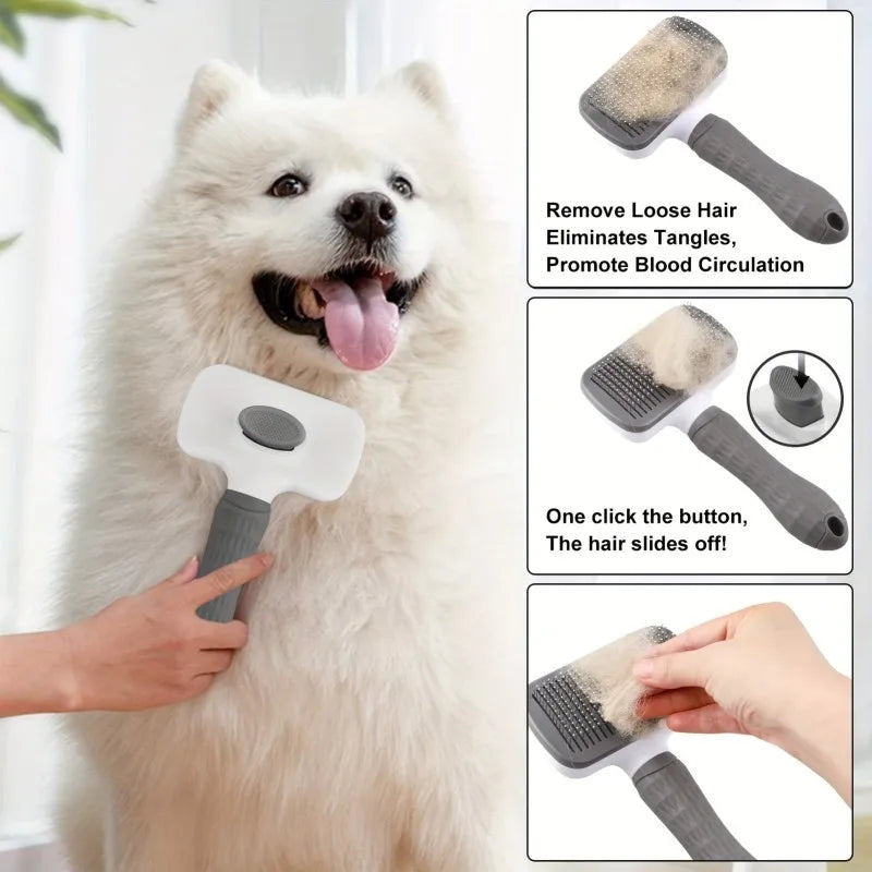 Ergonomic Handle Self Cleaning Pet Brush Round Tip Needles Massage