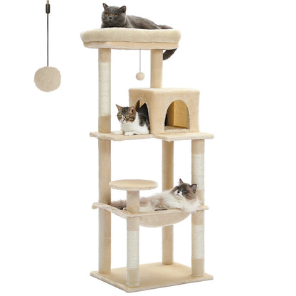 4-Level Cat Tower for Large Cats with Large Hammock Sisal Covered Scratching Posts Cozy Condo Top Perch