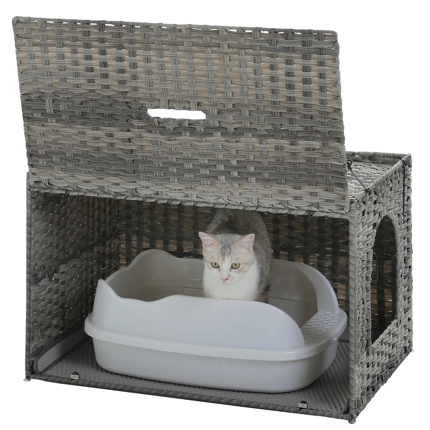Rattan Cat Litter Box Enclosure Furniture with Door, Hidden Litter Odor Control