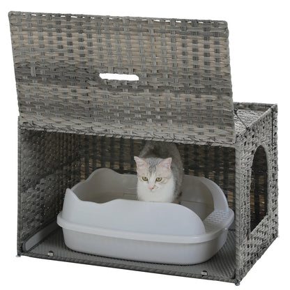 Rattan Cat Litter Box Enclosure Furniture with Door, Hidden Litter Odor Control