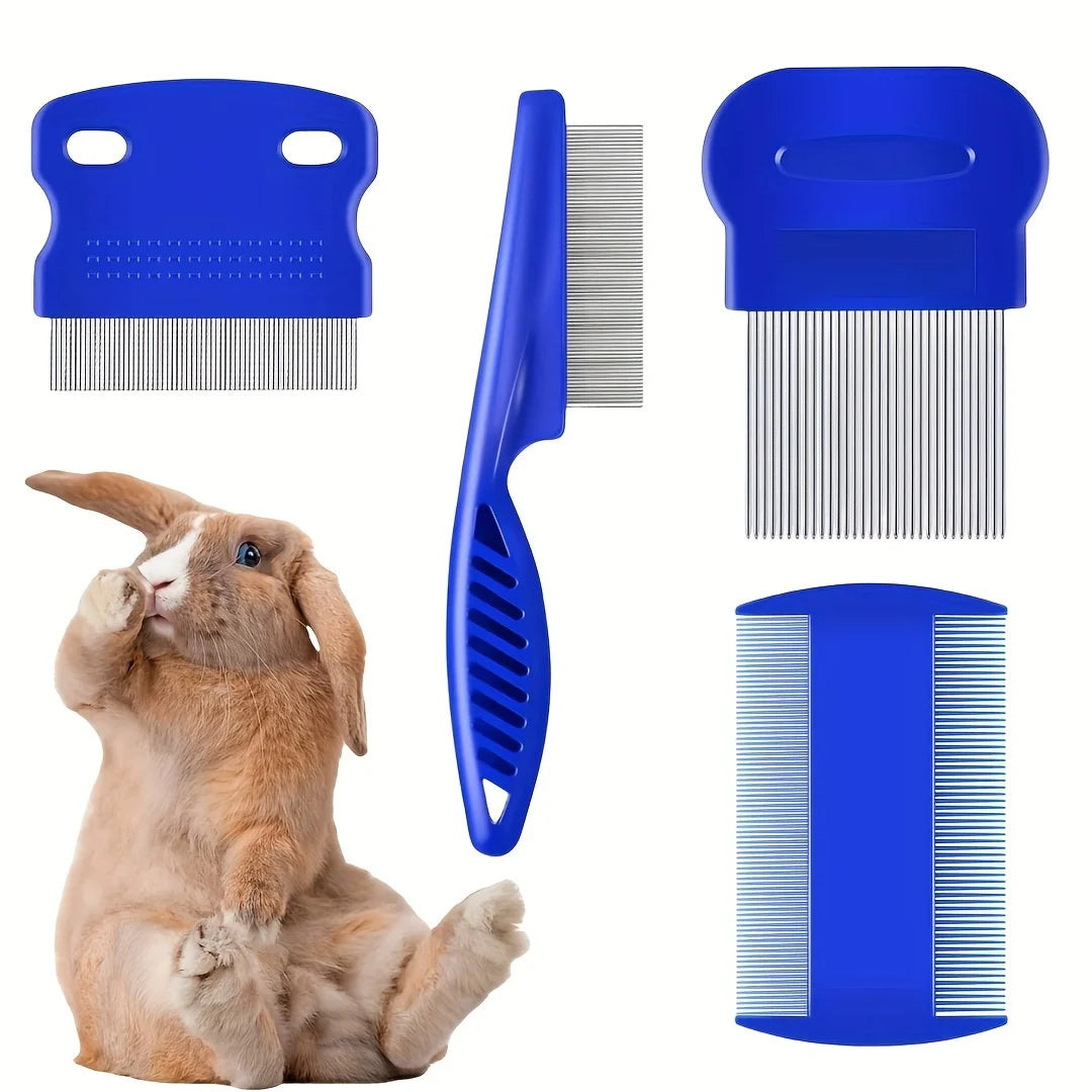 Pack of 4 Flea and Lice Combs, Stainless Steel Rabbit Dog Cat Round Teeth, Double-sided Professional