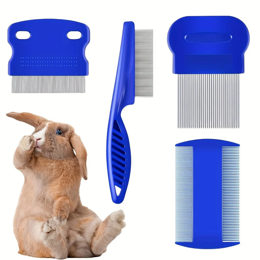 Pack of 4 Flea and Lice Combs, Stainless Steel Rabbit Dog Cat Round Teeth, Double-sided Professional