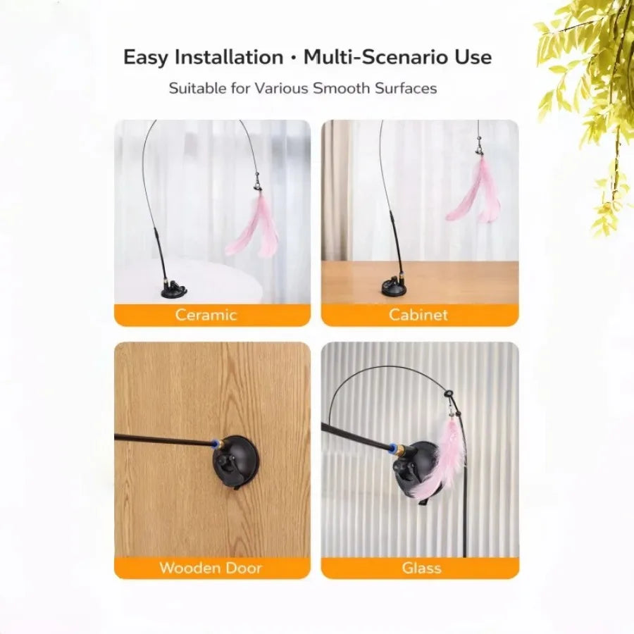 Cat Teaser Stick, Feather Rotating Funny, Steel Wire Long Pole
