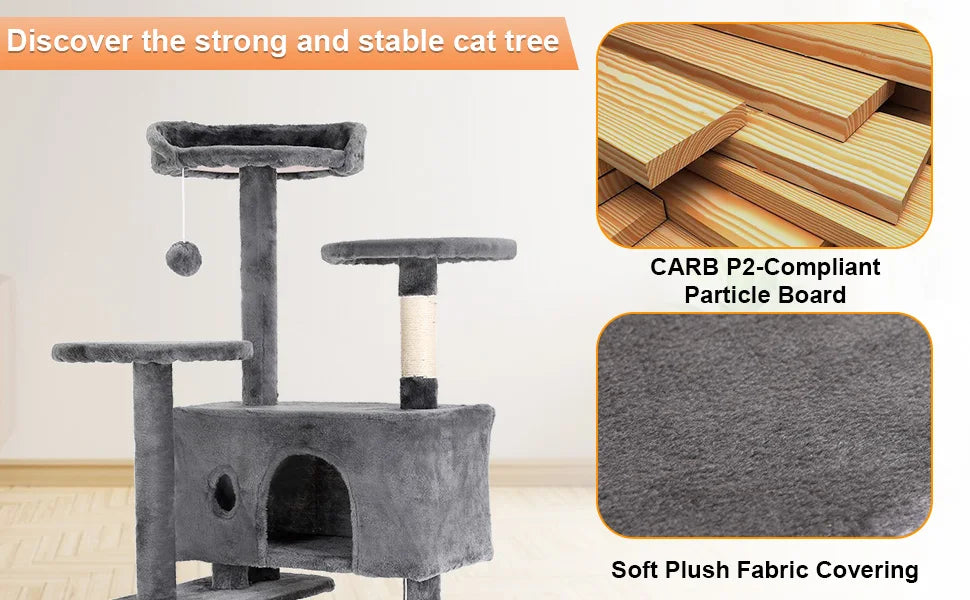54/70 Inch Cat Tower Condo with Sisal-Covered Scratching Posts Dangling Balls