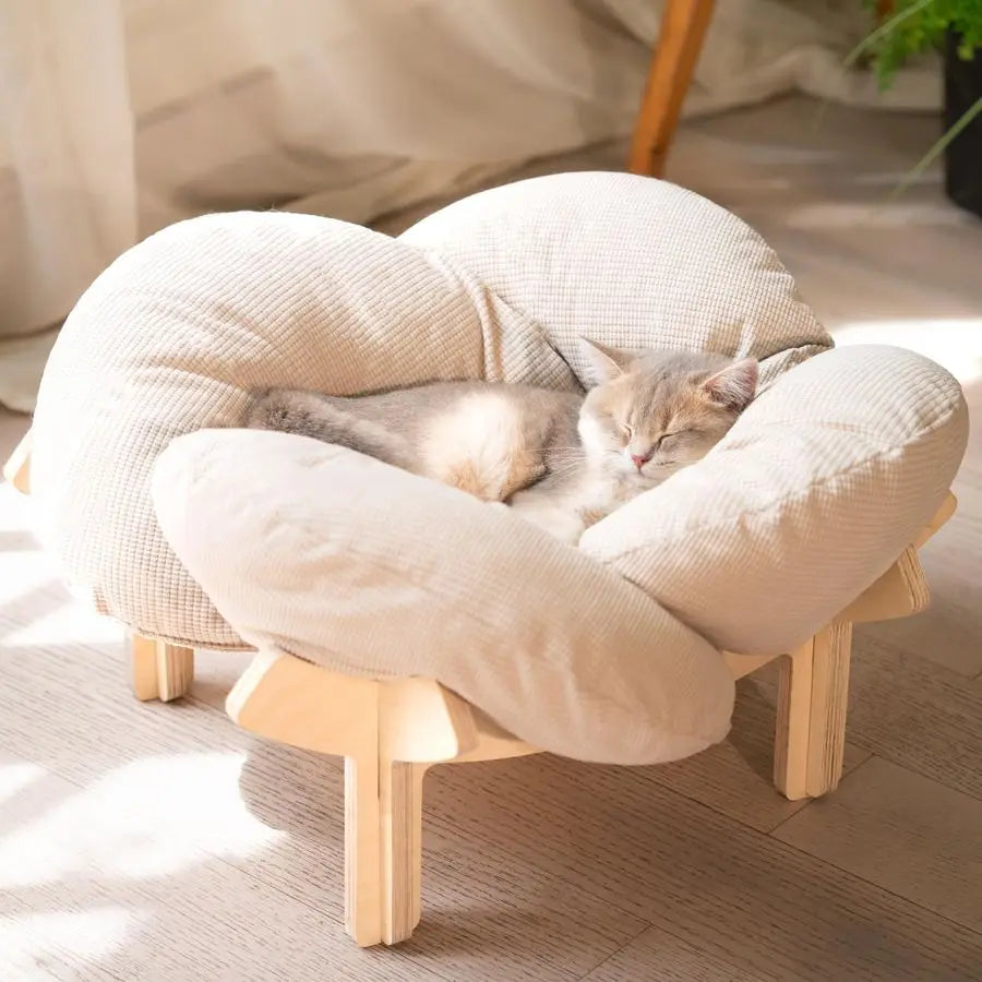 Elevated Cat Bed Engineered Wood with Cushion Fluffy Pet Couch Sofa for Indoor Lounge Chair