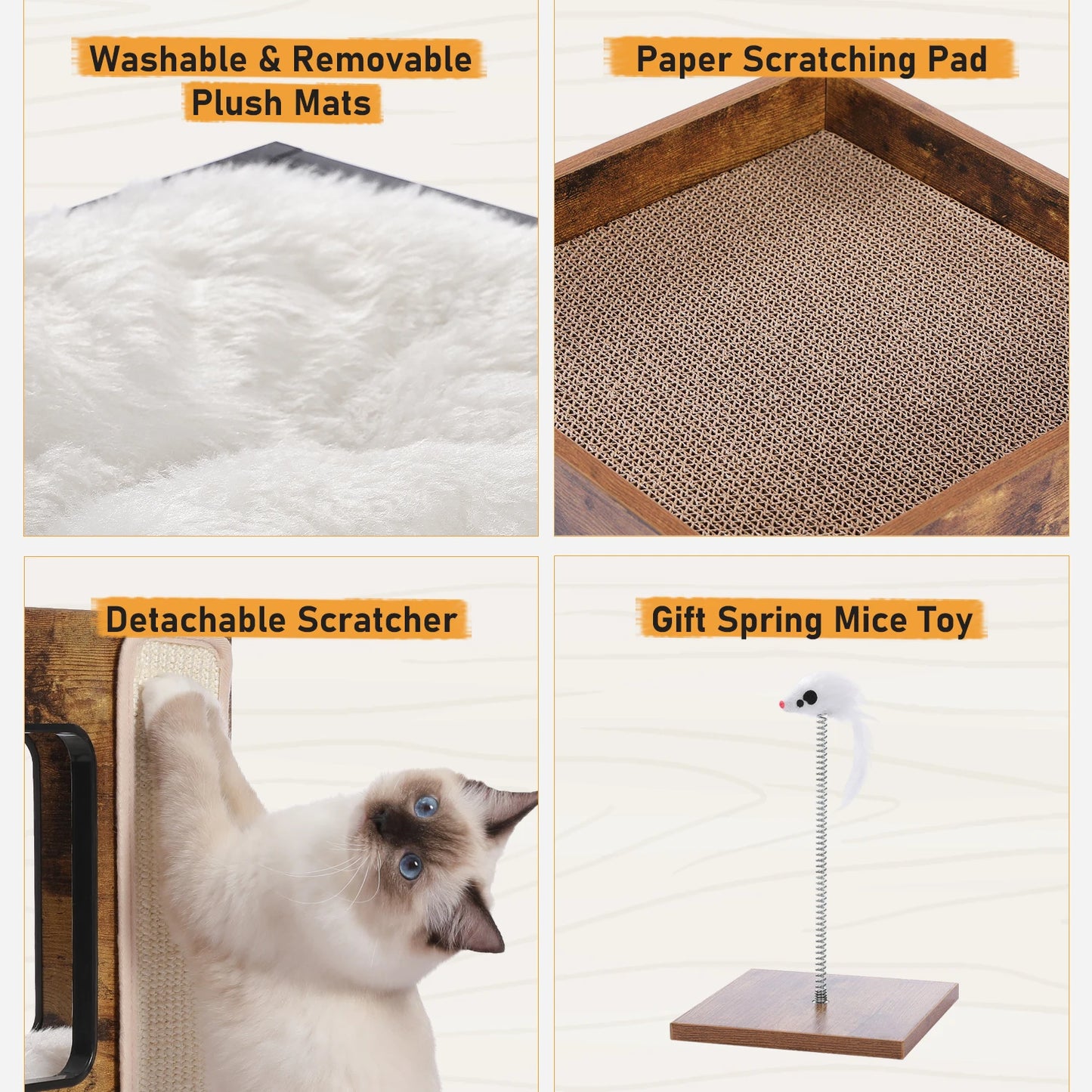 Wood Cat Condo Nightstand with Removable Soft Mats with Scratching Pad