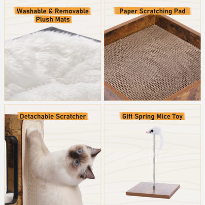 Wood Cat Condo Nightstand with Removable Soft Mats with Scratching Pad