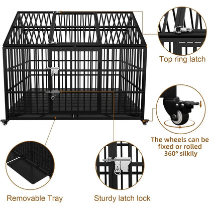 54" / 64" inch Heavy Duty Indestructible Dog Crate, Escape Proof Dog Cage Kennel with Lockable Wheels, High Anxiety Double Door