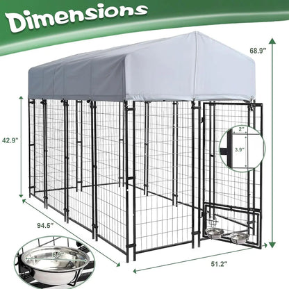 8x4x6 FT Heavy Duty Outdoor Dog Kennel with Roof, Rotating Bowls, Secure Lock for Large Dogs