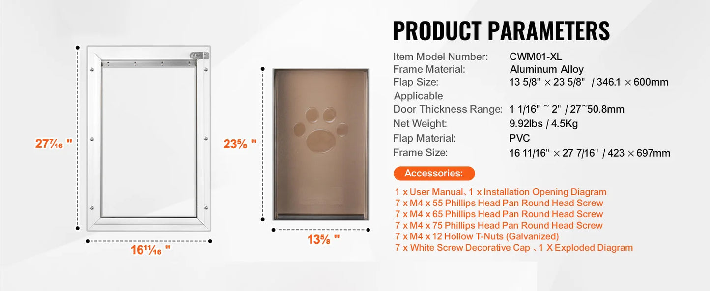 Pet Door Aluminum Frame with Lock and Flap System Weatherproof Doggy Door Easy to Install in Interior or Exterior Doors