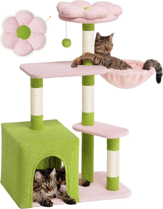 Large Cat Tree with 2-Door Condo, Scratching Posts, Floral Perch & Hammock for Adult Cats, Green Pink