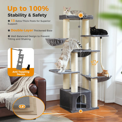 Large Cat Tree for Big Cats, Robust with Several Levels  with Hammock 11 Sisal Posts Large Perch