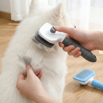 Dual-Use Dog & Cat Grooming Brush / Self-Cleaning Slicker Comb with Round-Tip Bent Needles, Ergonomic Handle