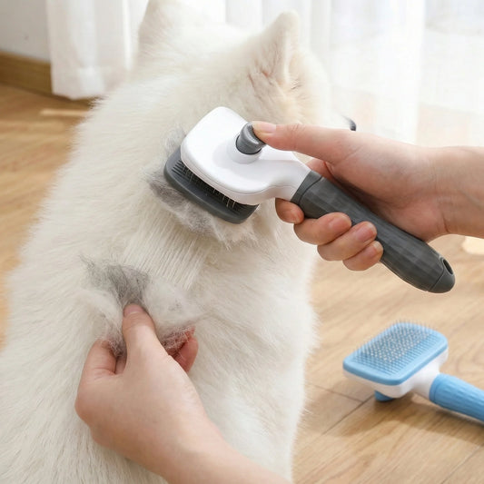 Dual-Use Dog & Cat Grooming Brush / Self-Cleaning Slicker Comb with Round-Tip Bent Needles, Ergonomic Handle