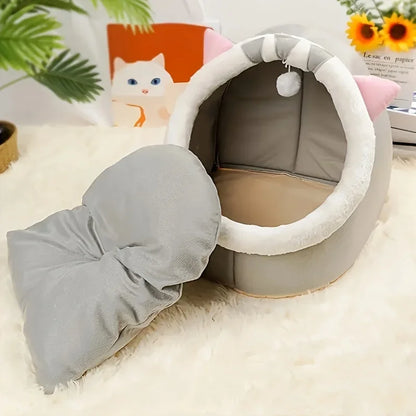 Comfortable Cartoon Cat House with Removable Plush Pad