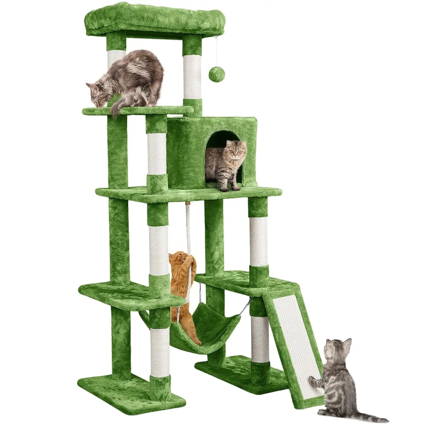 Large Multi-Level Cat Tree, 63 Inches Tall with Sisal-Covered Scratching Posts, Condo, Hammock, Dangling Balls