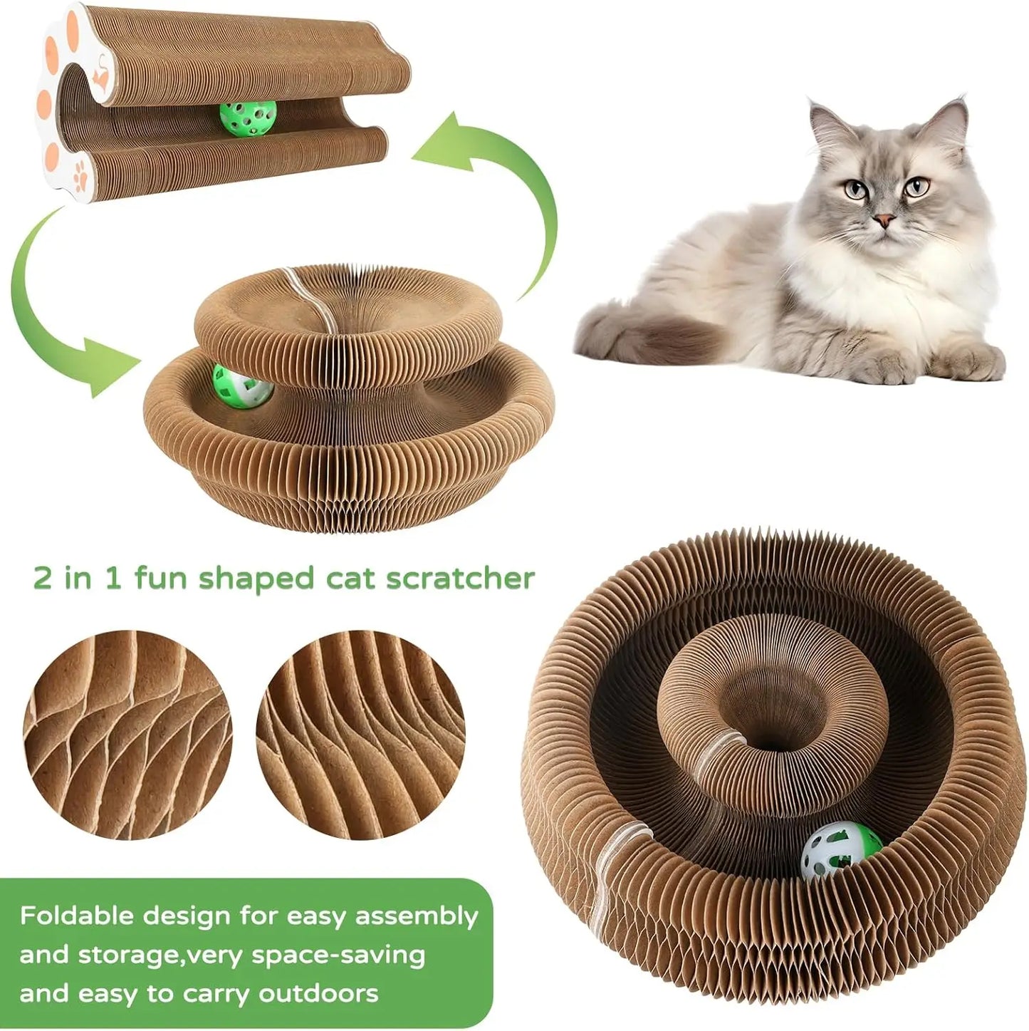 Foldable Cardboard Interactive Accordion Cat Scratcher Toy with Ball