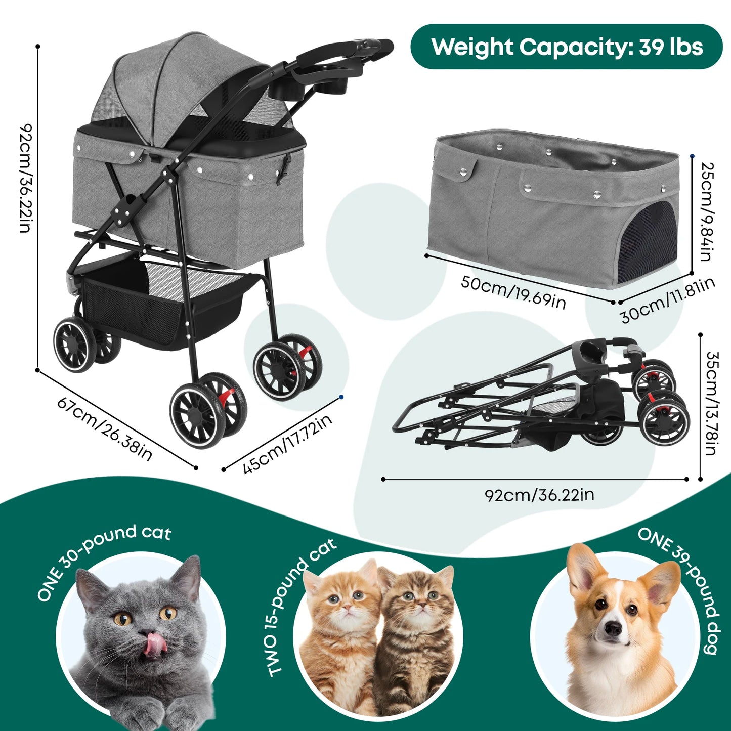Foldable & Portable Dog Stroller 3 Wheels for Small Medium Dogs / Cats