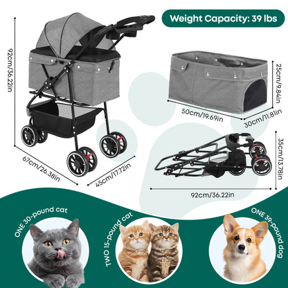 Foldable & Portable Dog Stroller 3 Wheels for Small Medium Dogs / Cats