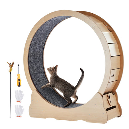 Wooden Cat Treadmill Wheel for Indoor Cat Running Wheel with Detachable Carpet & Cat Teaser