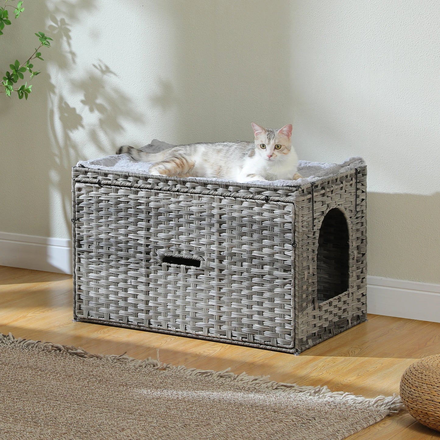 Rattan Cat Litter Box Enclosure Furniture with Door, Hidden Litter Odor Control