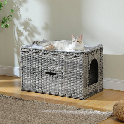 Rattan Cat Litter Box Enclosure Furniture with Door, Hidden Litter Odor Control