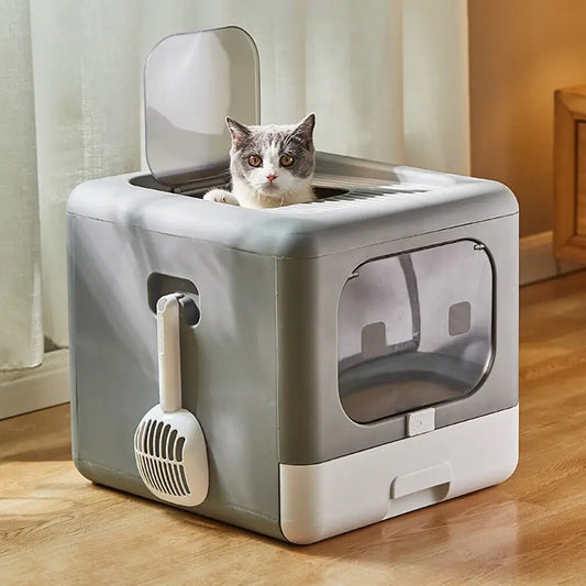 Cat Litter Box with Scoop and Tray Sifting Enclosed Foldable Detachable Pop Top & Front Entry