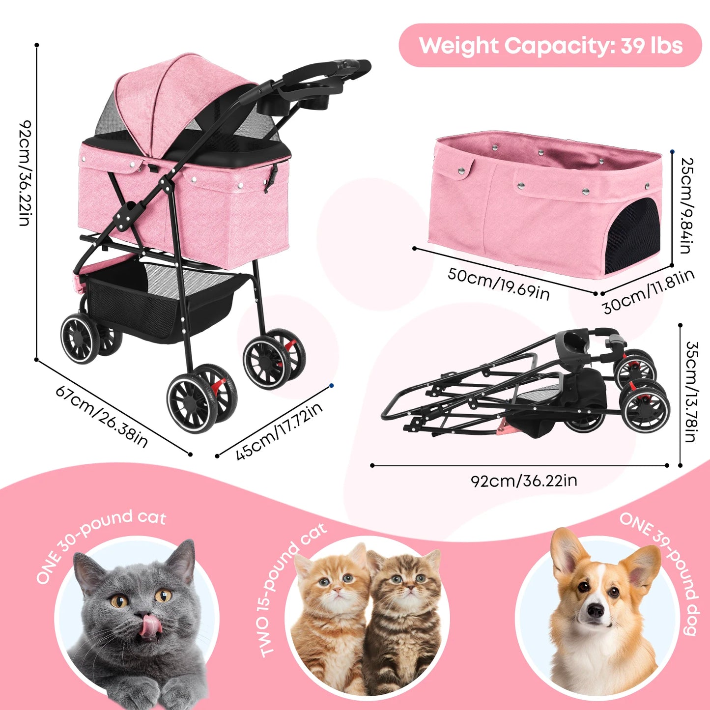 Pet Stroller For Small Puppy Dogs & Cats Travel Portable, Foldable