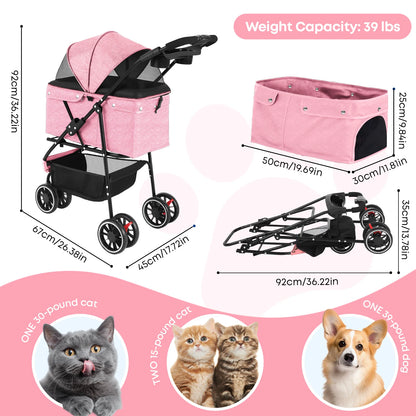 Pet Stroller For Small Puppy Dogs & Cats Travel Portable, Foldable