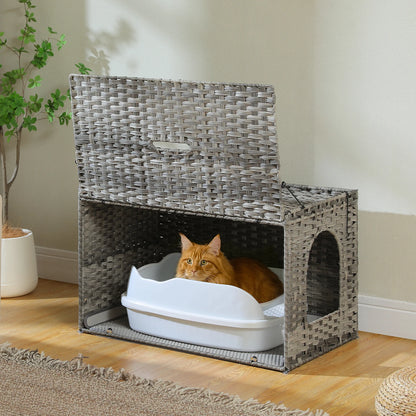 Rattan Cat Litter Box Enclosure Furniture with Door, Hidden Litter Odor Control